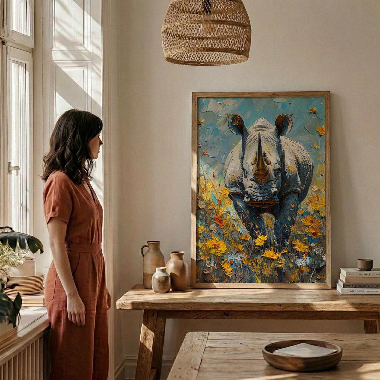 African Rhino Art Print, Blooming Meadow Decor - Summer Floral Landscape — view 5