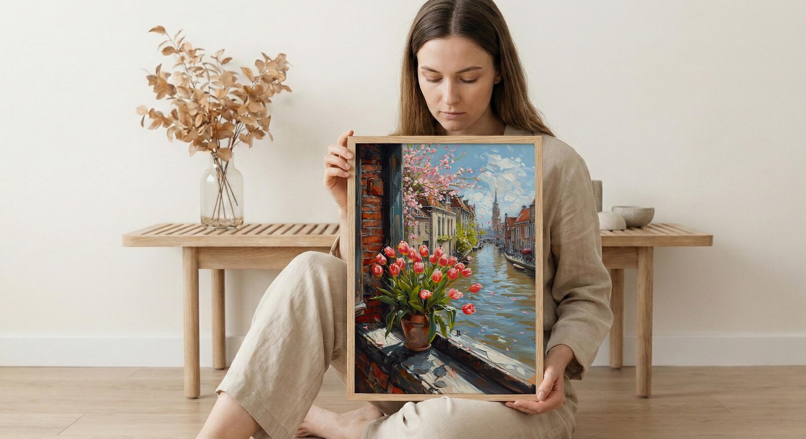 Amsterdam Window Wall Art, Canal House Decor - Red Tulip Spring Landscape — view 6