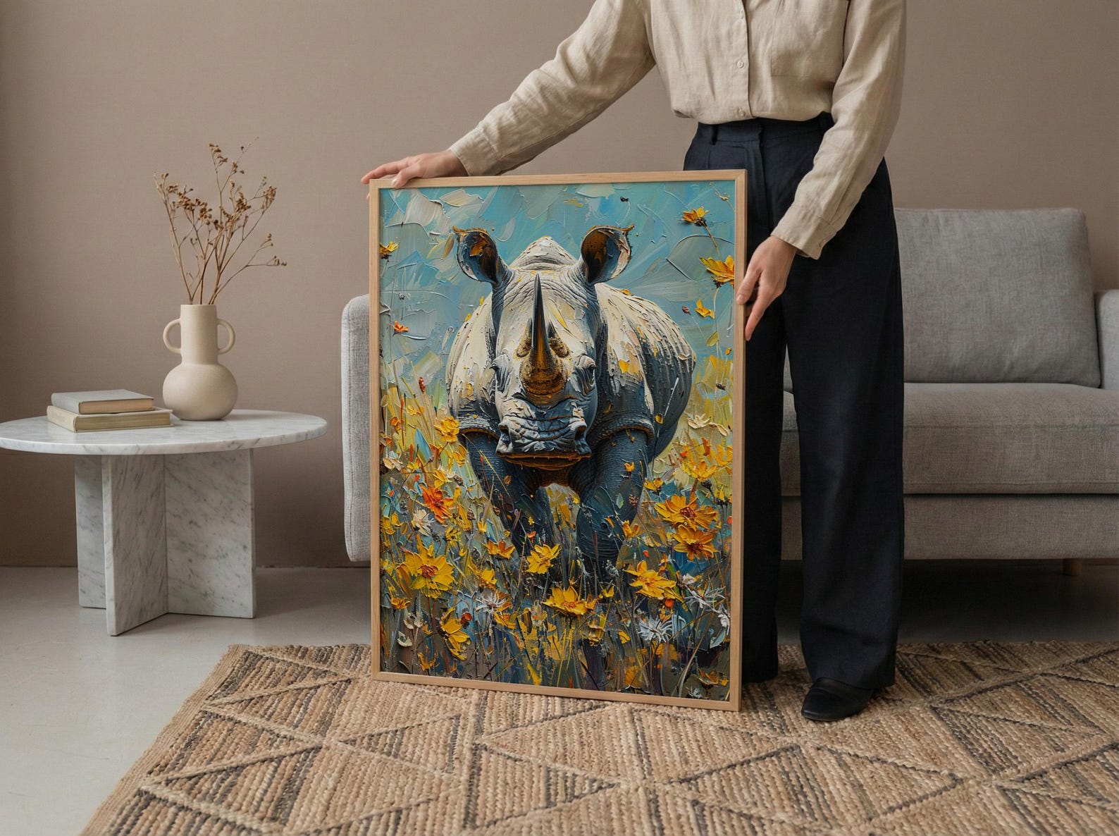 African Rhino Art Print, Blooming Meadow Decor - Summer Floral Landscape — view 6