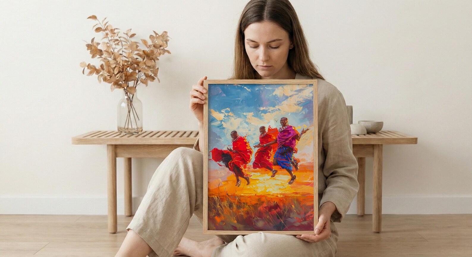Maasai Warriors Oil Painting Poster, African Dance Art Print, Tribal Jumping Men, Red Shuka Wall Art, Impasto Style Cultural Decor — view 6