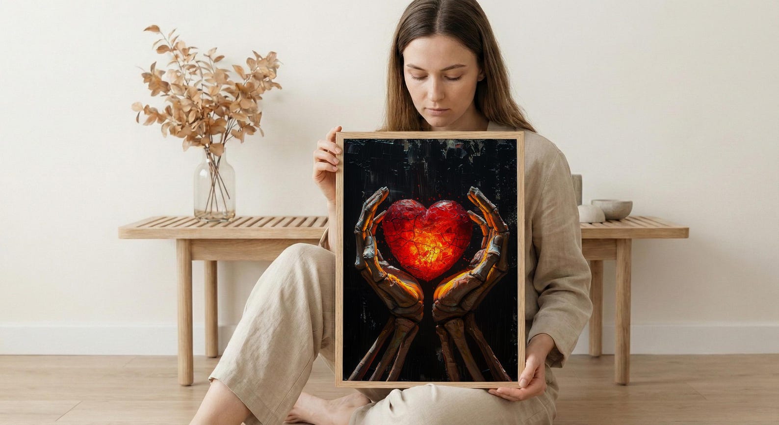 Skeleton Hands Heart, Anatomical Heart Art, Dark Love Print, Impasto Oil Painting, Gothic Symbol, Medical Decor, Eternal Love — view 6