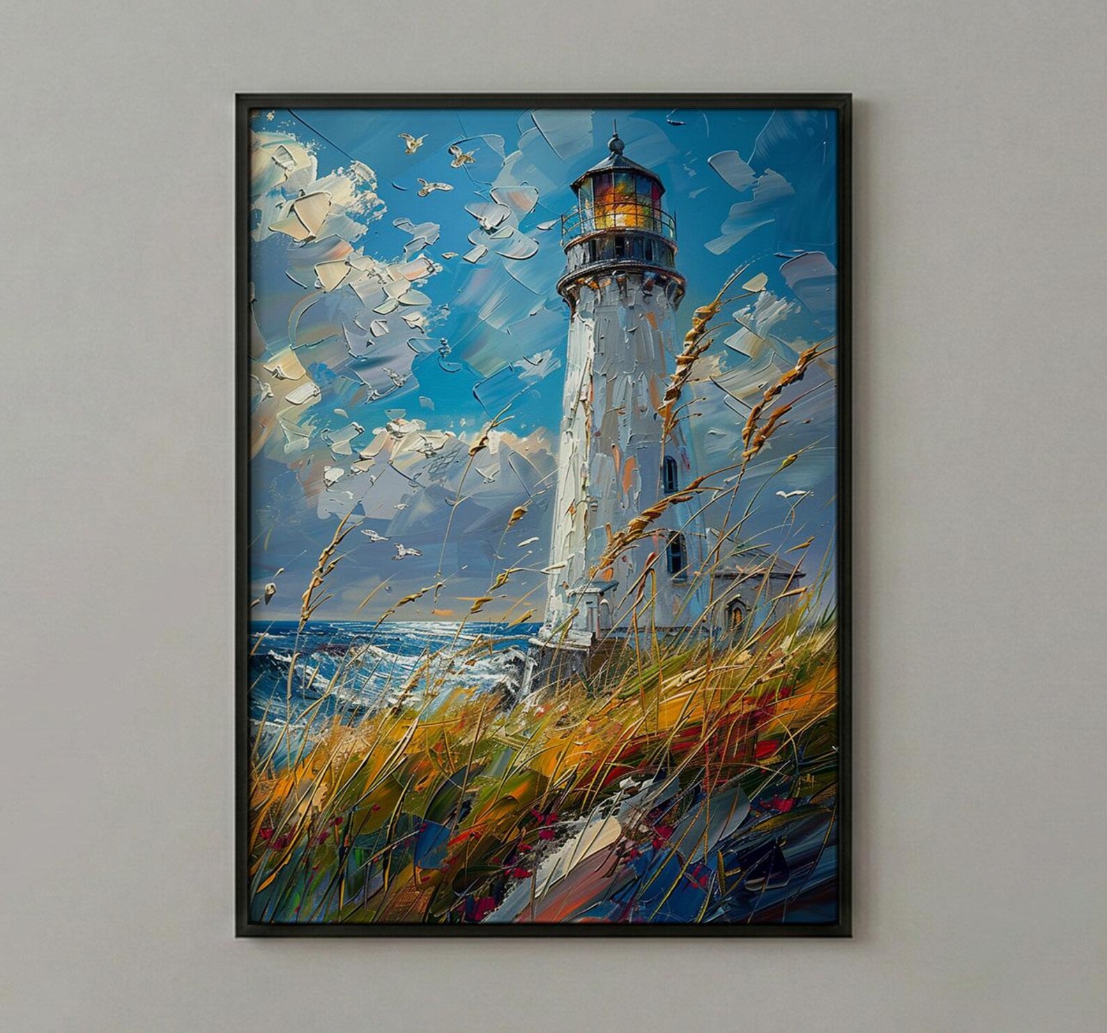 Lighthouse Seagrass Beach Wall Art, Classic Coastal Ocean Decor - White Tower Summer Wind — view 2