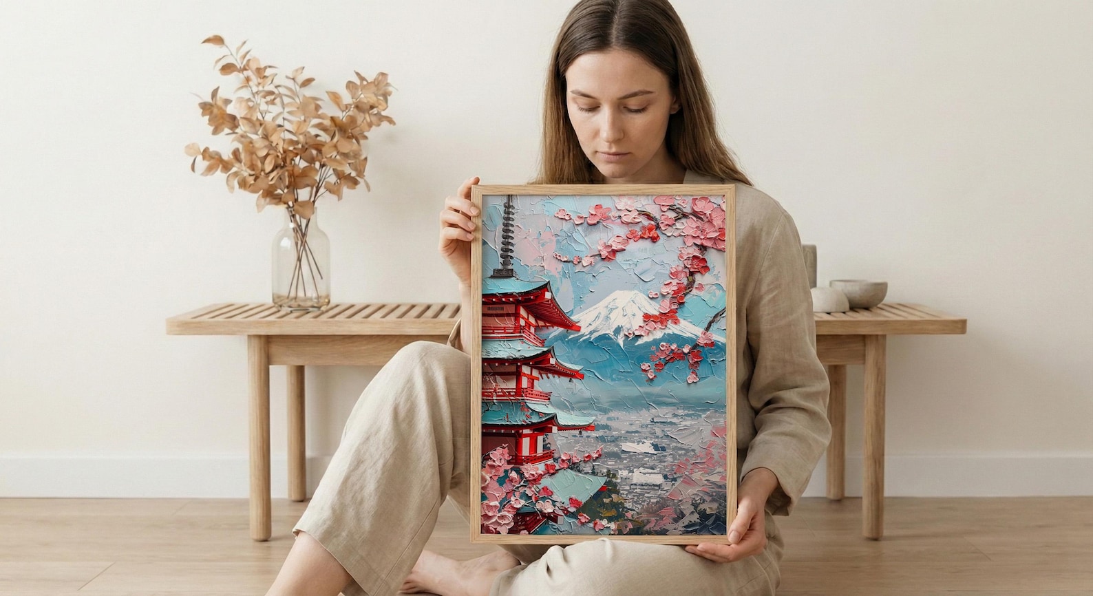 Japanese Chureito Pagoda Oil Painting Poster, Mount Fuji Sunset Art Print, Sakura & Pagoda Wall Art, Japan Travel Decor, Impasto Landscape — view 6