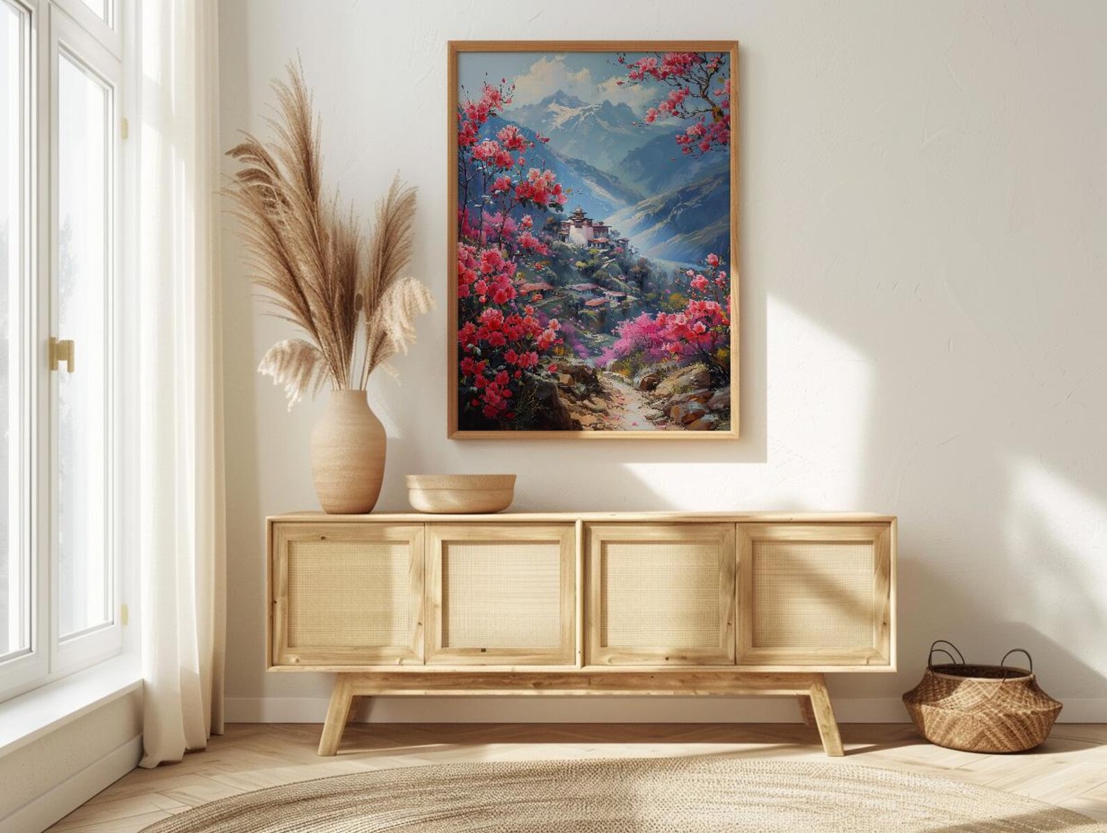 Bhutan Mountain Valley Wall Art, Red Rhododendron Decor - Living Room Decor — view 4