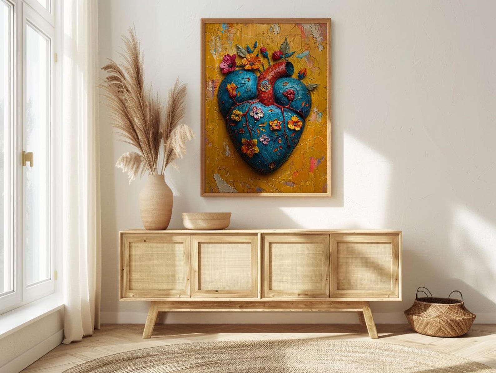 Mexican Heart Art, Corazon Milagro, Folk Art Print, Impasto Oil Painting, Frida Style Decor, Colorful Wall Art, Sacred Heart — view 2