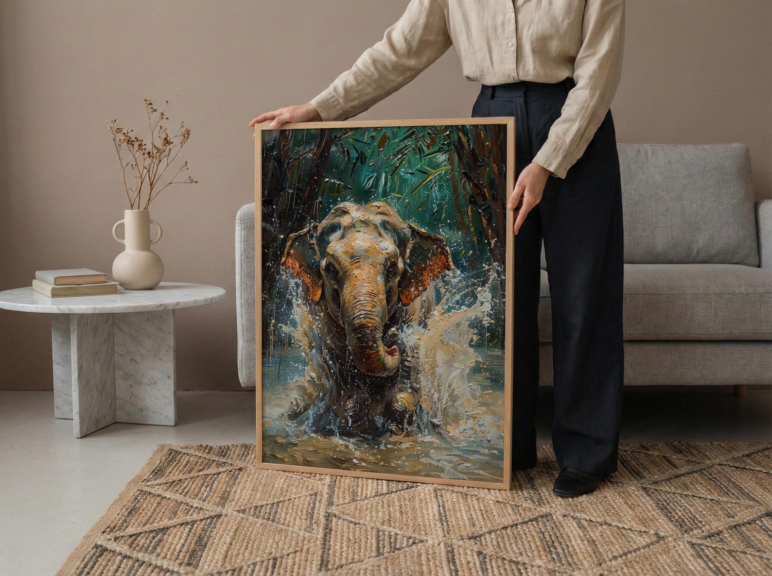 Thai Elephant Art Print, Tropical Jungle Decor - Splashing Water — view 6