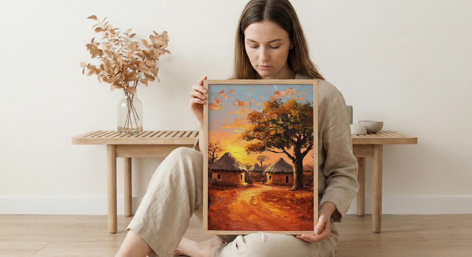 African Village Oil Painting Poster, Tribal Huts Art Print, Savanna Sunset Landscape, Rustic Home Decor, Impasto Texture Look — view 6