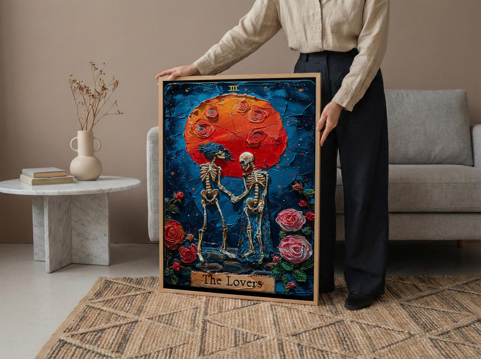 The Lovers Tarot Card Print, Skeleton Art, Gothic Wall Decor, Impasto Oil Painting, Mystical Skull Art, Witchy Gift, Occult Poster — view 4