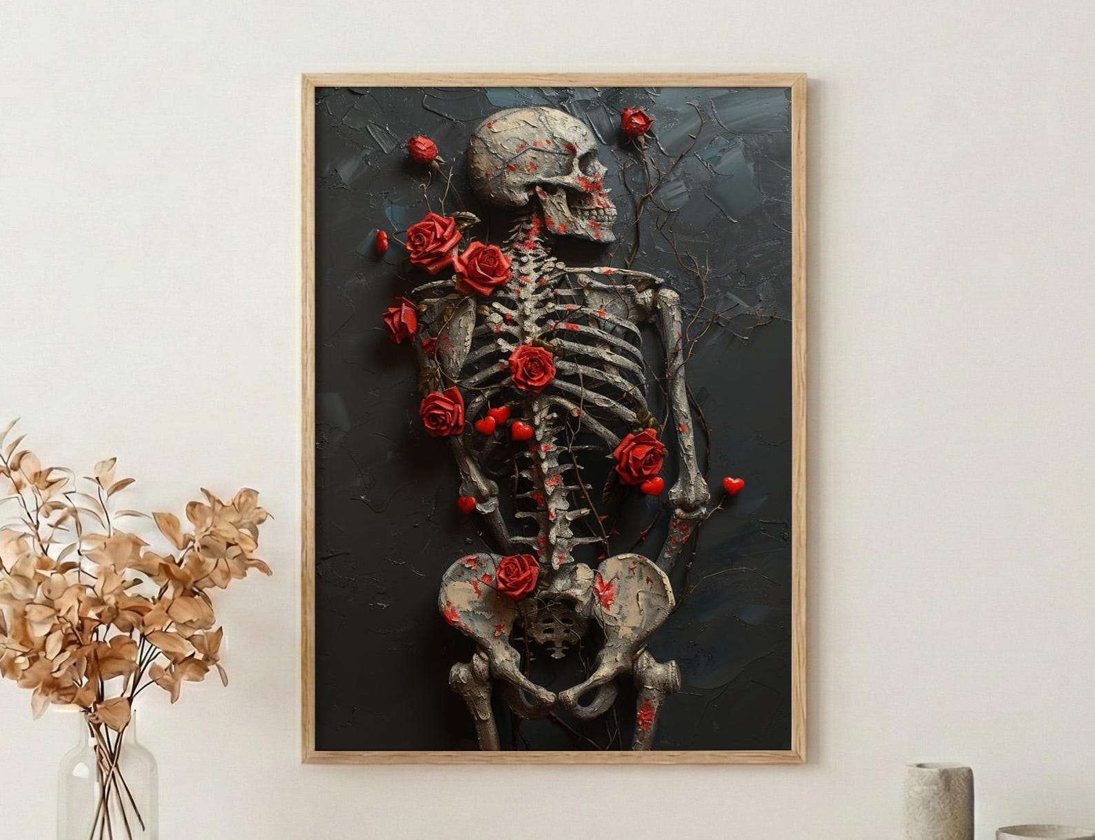 Skeleton Ribcage Art, Floral Anatomy Print, Dark Academia Decor, Impasto Oil Painting, Red Roses, Gothic Garden, Medical Art