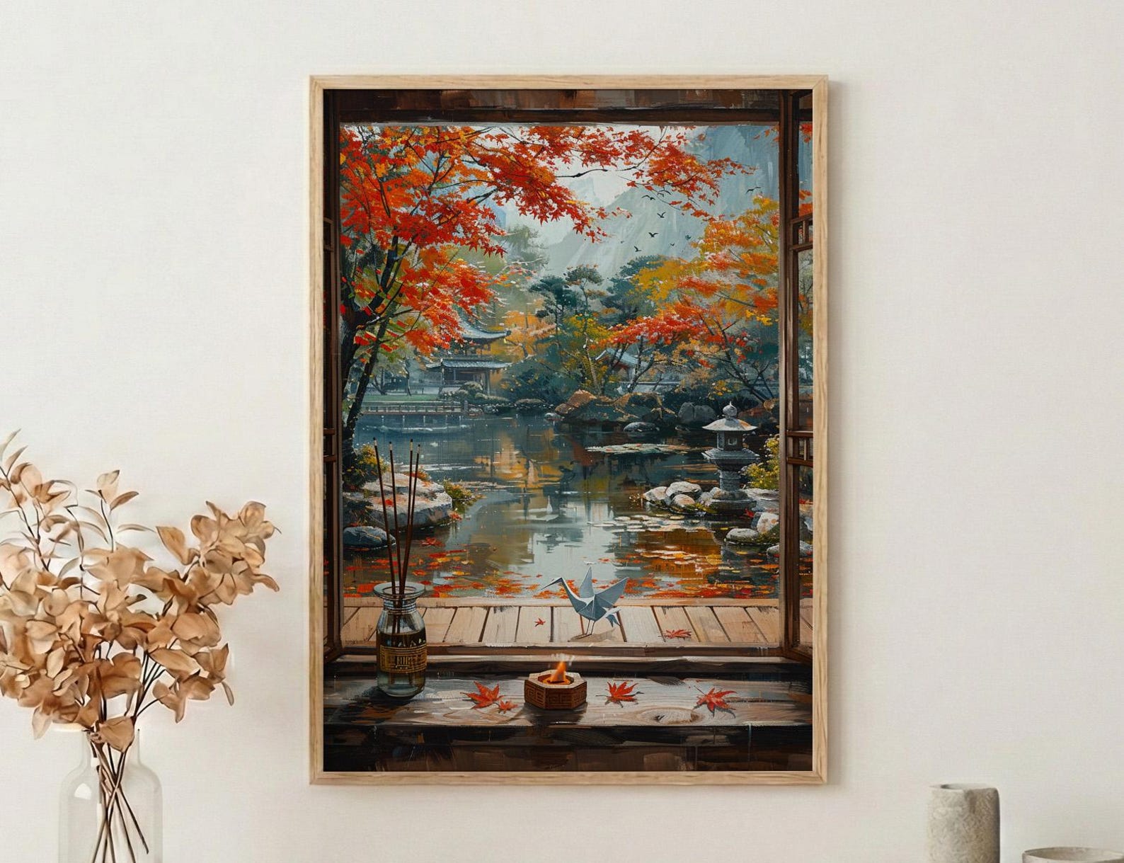 Kyoto Window Art Print, Zen Garden Decor - Autumn Red Maple Origami