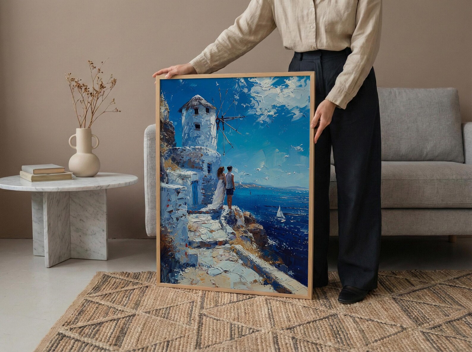 Mykonos Wall Art, Greek Island Print, Windmill Decor, Impasto Oil Painting, Blue and White, Minimalist Travel Art, Aegean, Engagement Gift — view 5