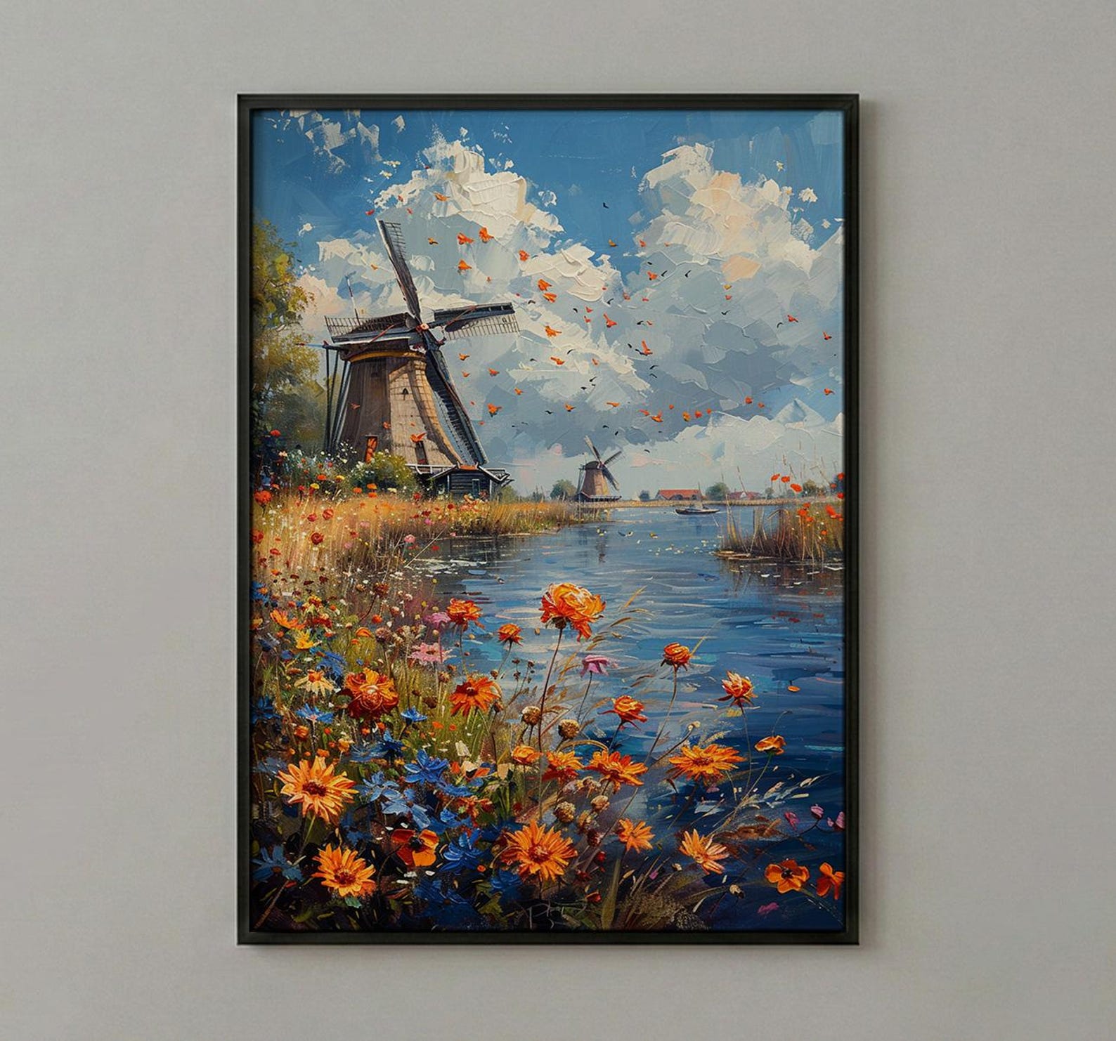 Dutch Windmill Art, Netherlands Decor - Historic Canal Print — view 2