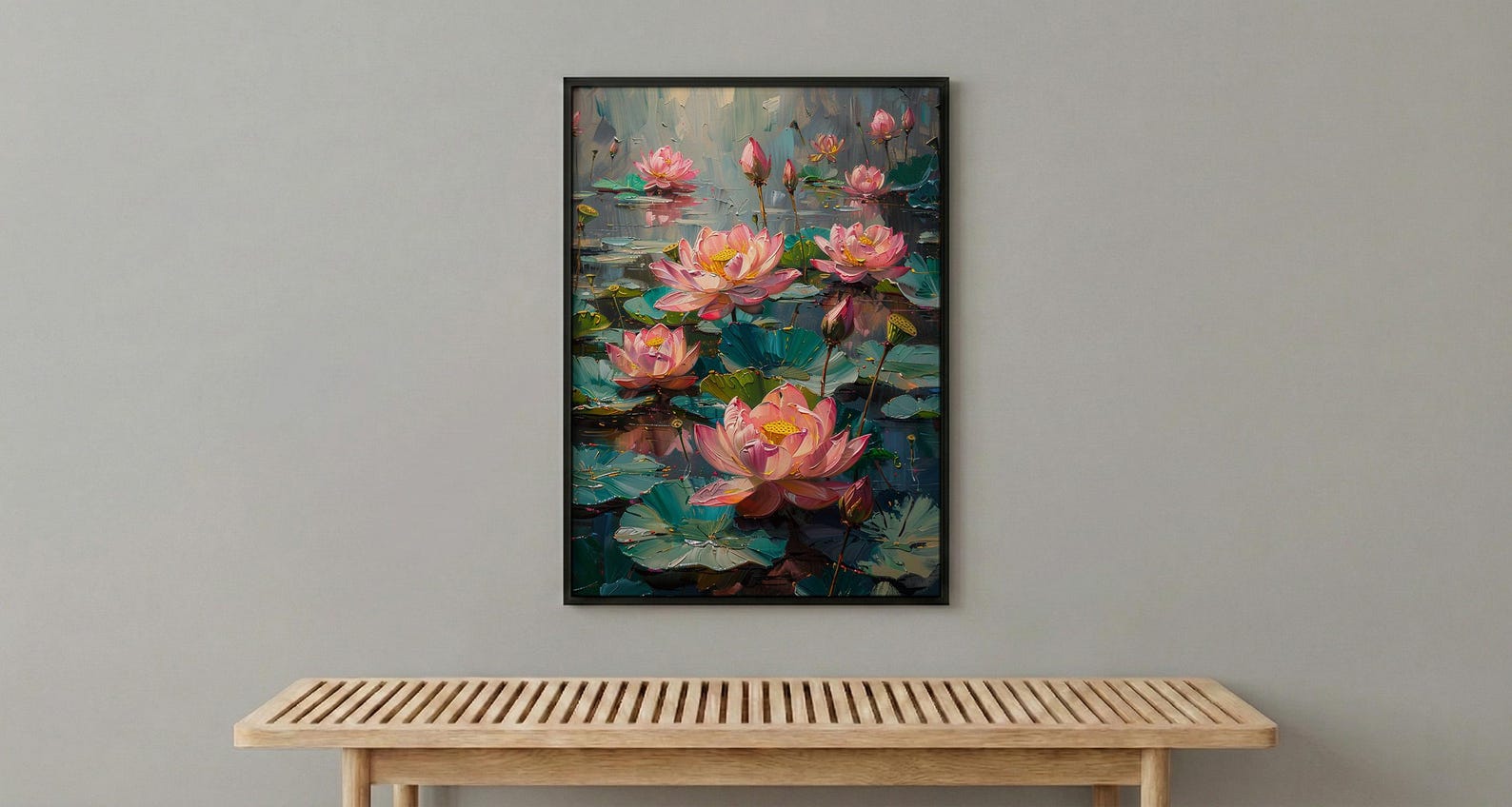 Sacred Lotus Pond Wall Art, Pink Spring Yoga Decor - Palette Knife Painting Style — view 5