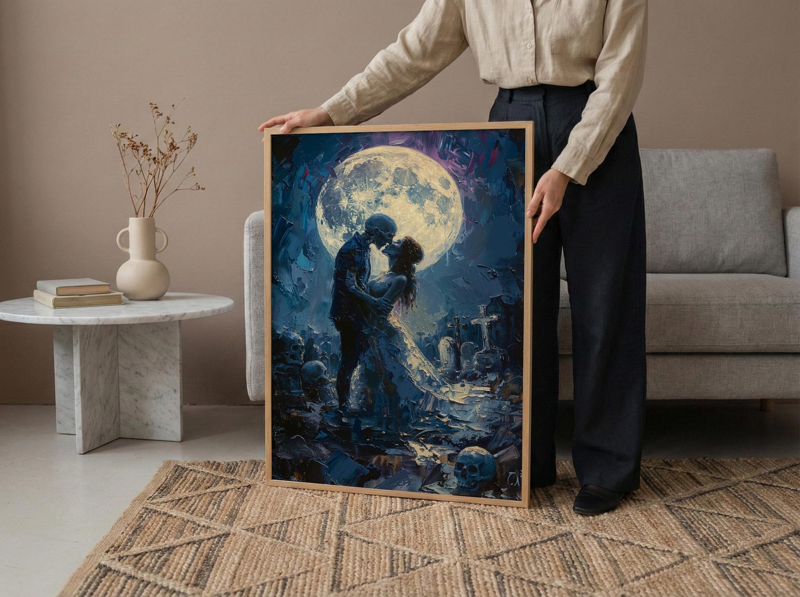 Skeleton Kiss Art, Full Moon Print, Gothic Romance Decor, Impasto Oil Painting, Night Sky, Cemetery Art, Dark Fantasy Love — view 3