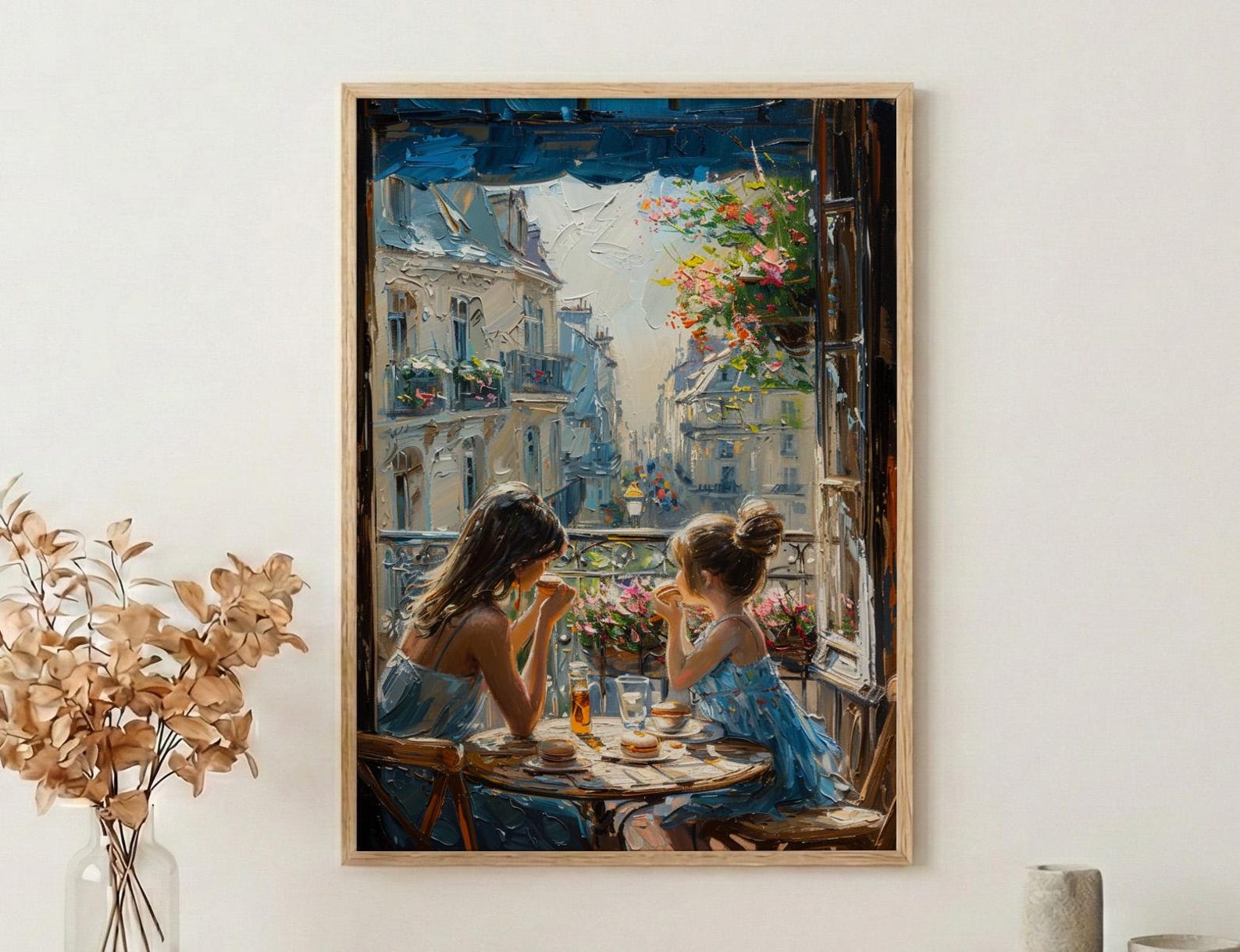 European Balcony Poster, Mother Child Art - Mother's Day Gift