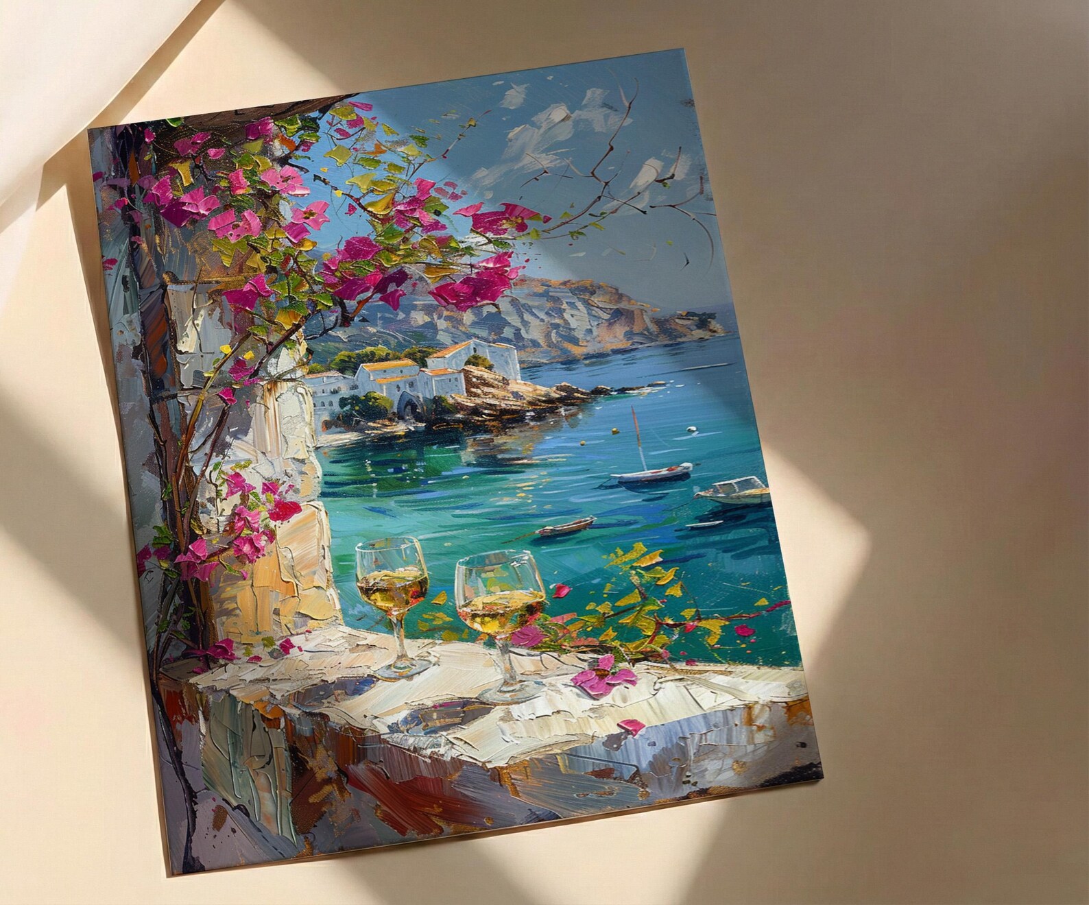 Bodrum Wall Art, Aegean Sea Art Print, White Stone Window Poster, Bougainvillea Wine Decor, Turkish Summer Painting — view 2
