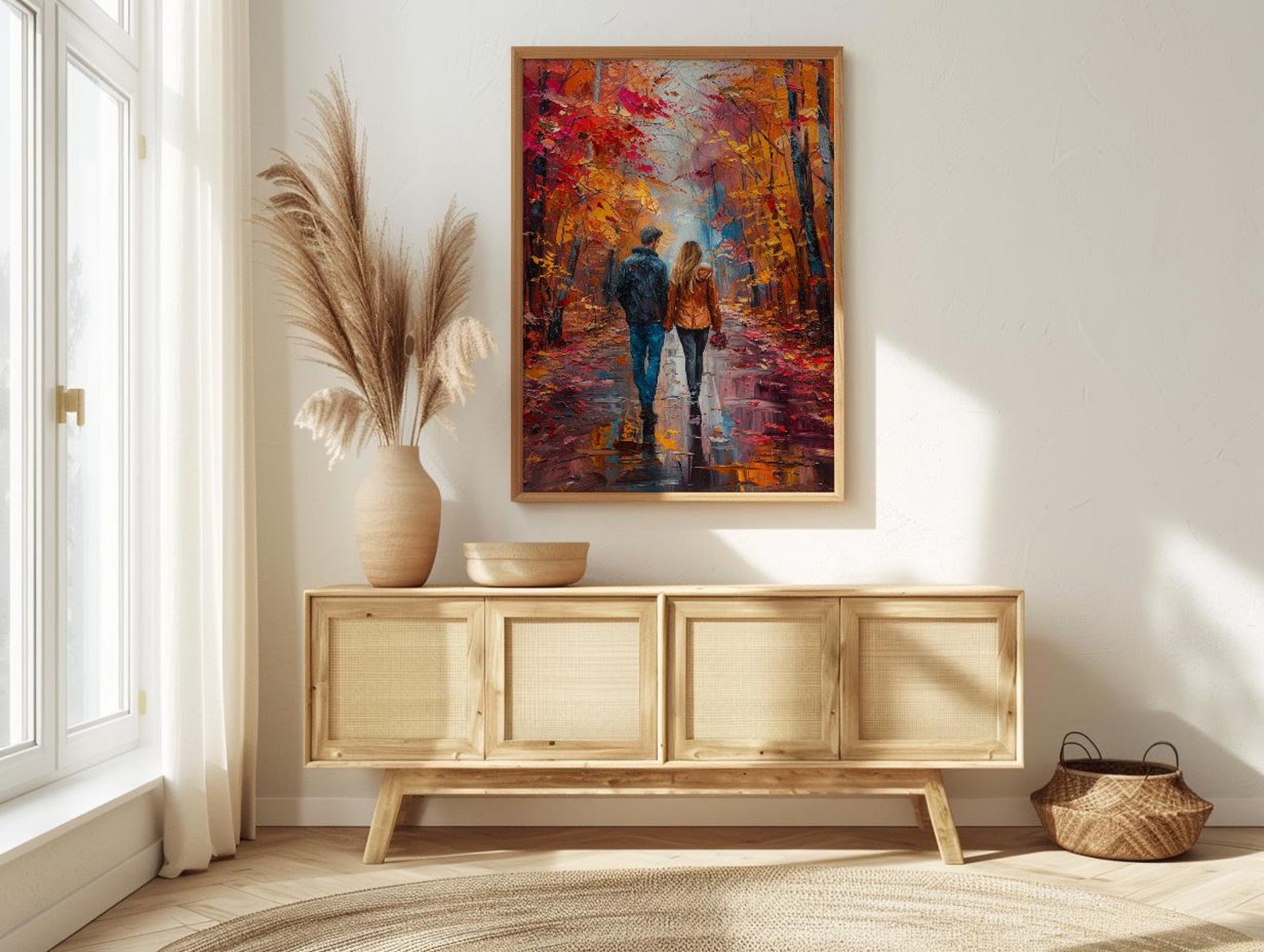 Autumn Wall Art, Vermont Fall Foliage Print, Romantic Couple Walking, Orange Season Painting, Cozy Home Decor — view 4