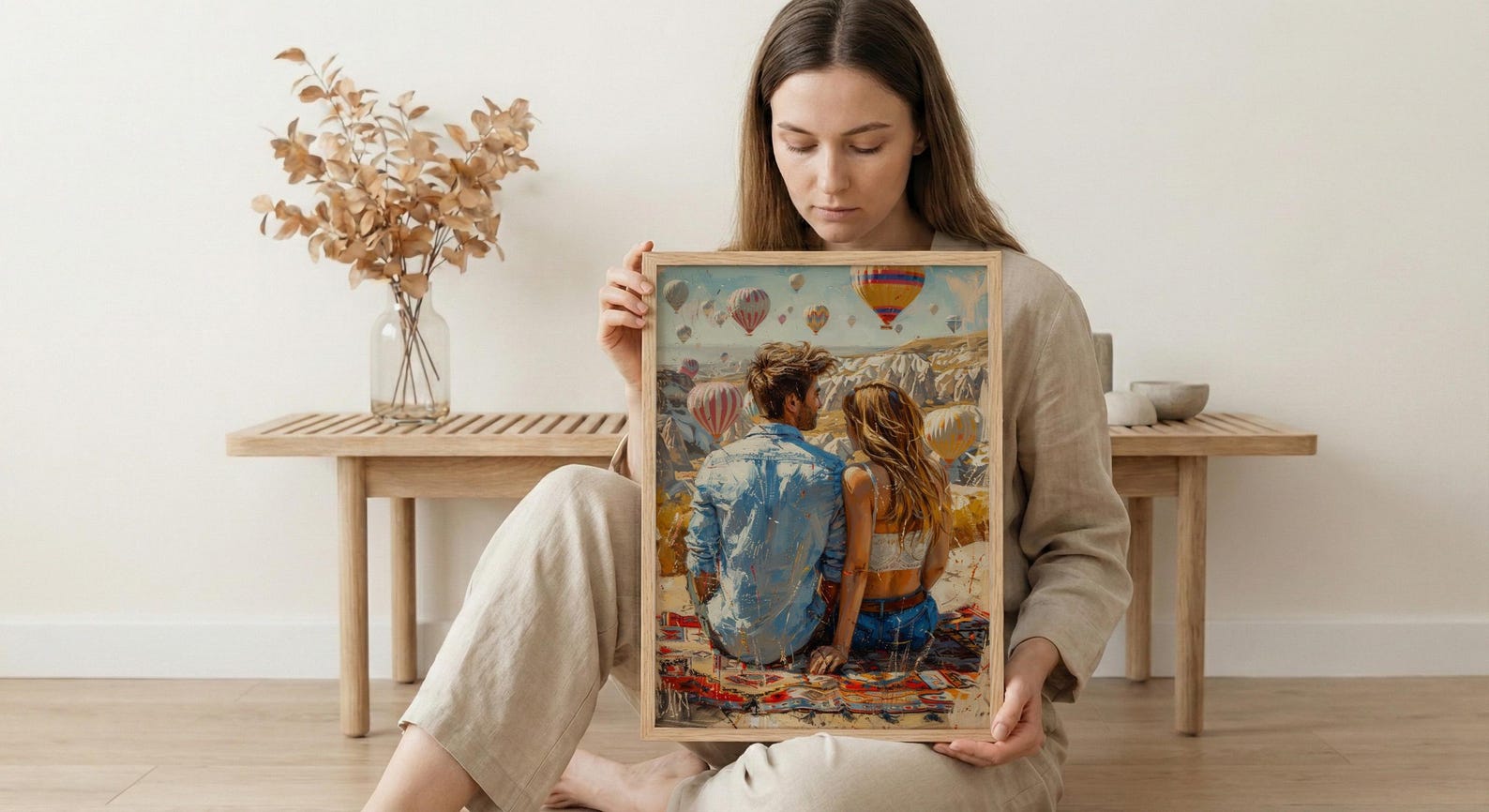 Cappadocia Wall Art, Turkey Balloon Art Print, Sunrise Landscape Poster, Romantic Couple Painting, Boho Travel Decor — view 6
