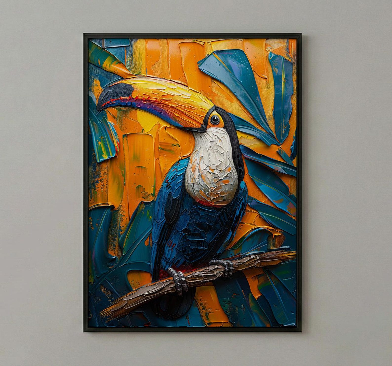 Tropical Toucan Bird Art Print, Exotic Jungle Decor - Vibrant Monstera Leaf Summer Scene — view 3