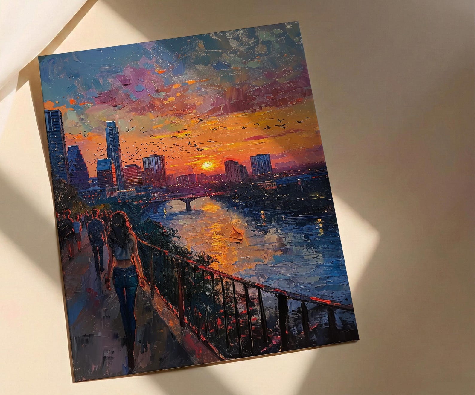 Austin City Skyline Art Print, Texas Summer Night Decor - Golden Sunset River Landscape — view 3