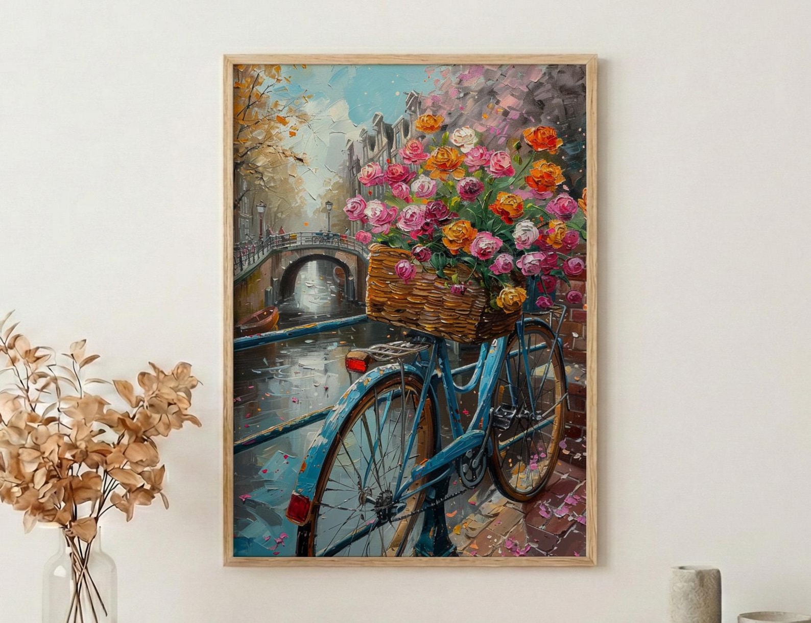 Amsterdam Tulip Bicycle Art Print, Pink Spring Canal Decor - Housewarming Gift