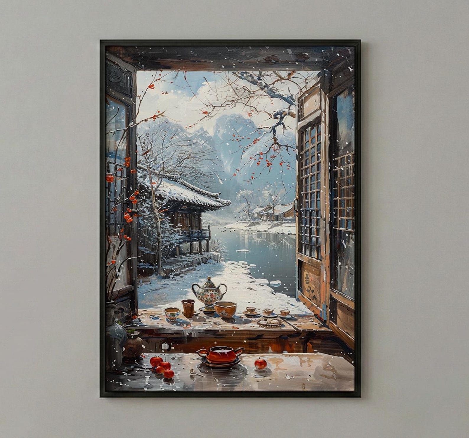 Korea Window Wall Art, Hanok Village Decor - Winter Snowy Tea Set — view 2