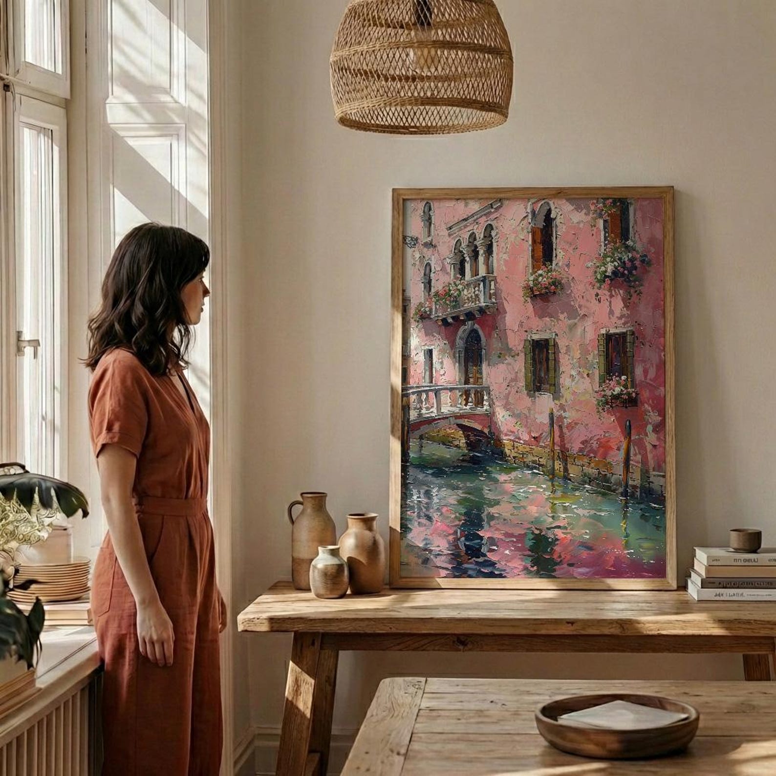 Venice Wall Art, Italy Canal Print, Pink Building, Impasto Oil Painting, Romantic Decor, Water Reflection, Gift — view 3