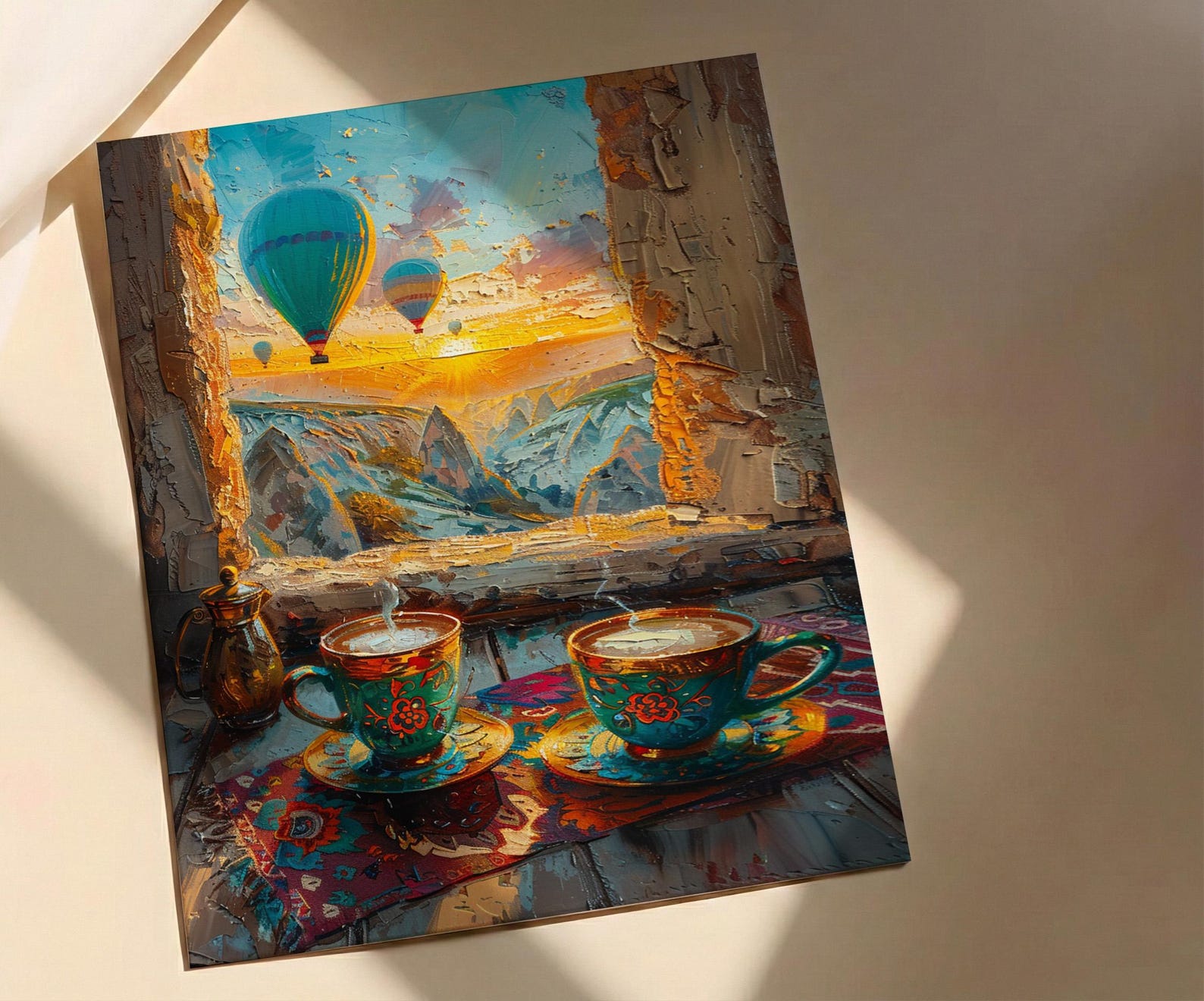 Cappadocia Wall Art, Cave Window Art Print, Hot Air Balloon Poster, Turkish Coffee Decor, Authentic Boho Painting — view 2
