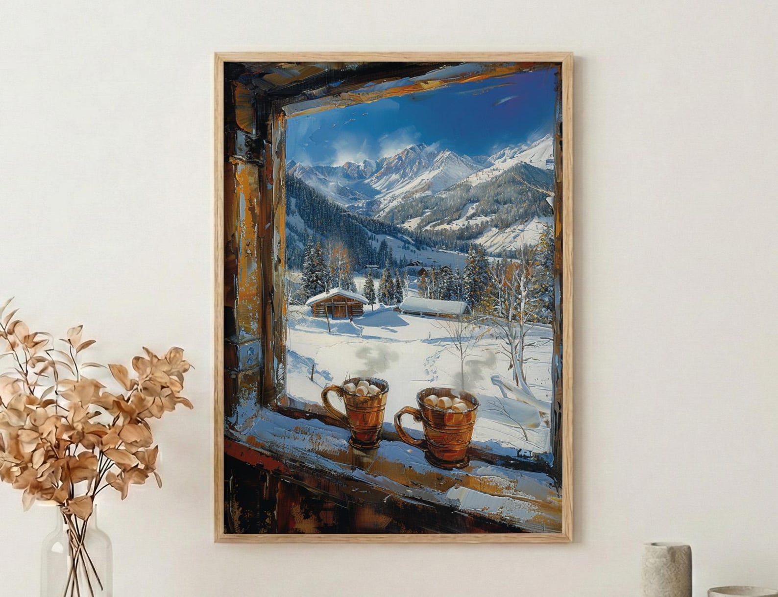 Winter Wall Art, Snowy Mountain Window View, Cabin Decor Print, Hot Chocolate Art, Ski Lodge Painting