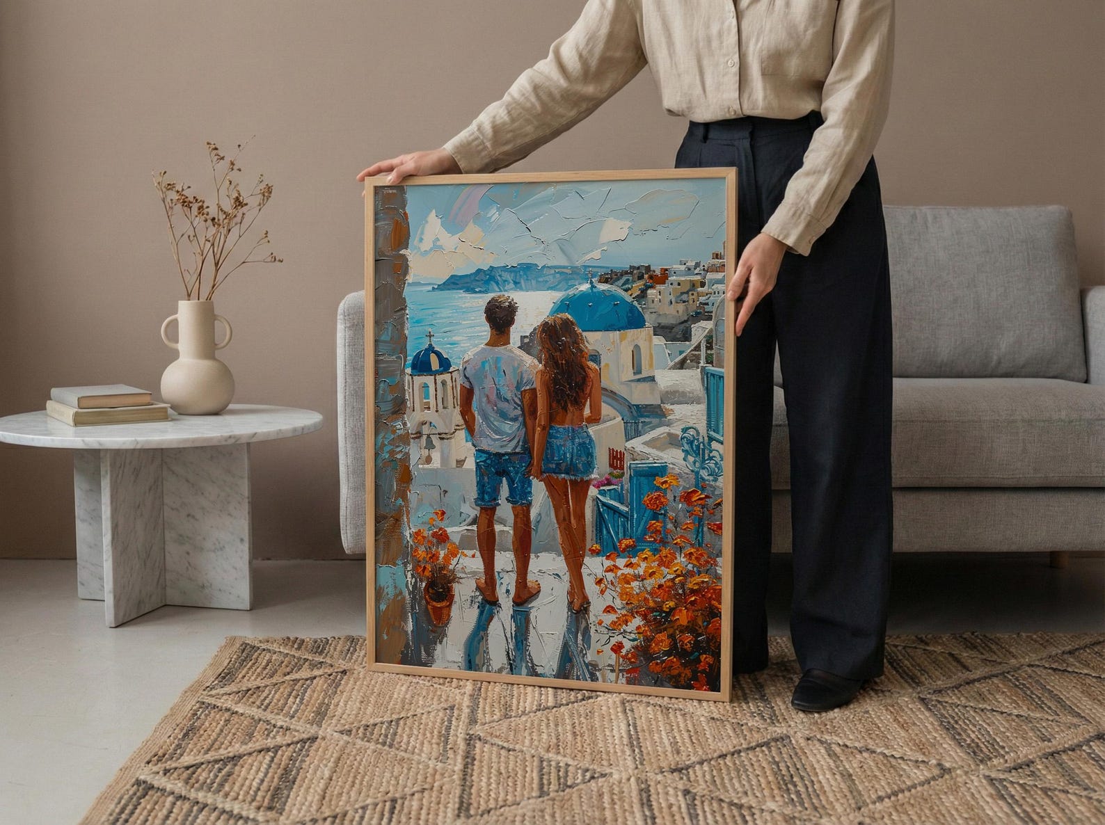 Santorini Poster, Greece Blue Dome Art Print, Honeymoon Wall Art, Romantic Sunset Painting, Mediterranean Decor — view 5