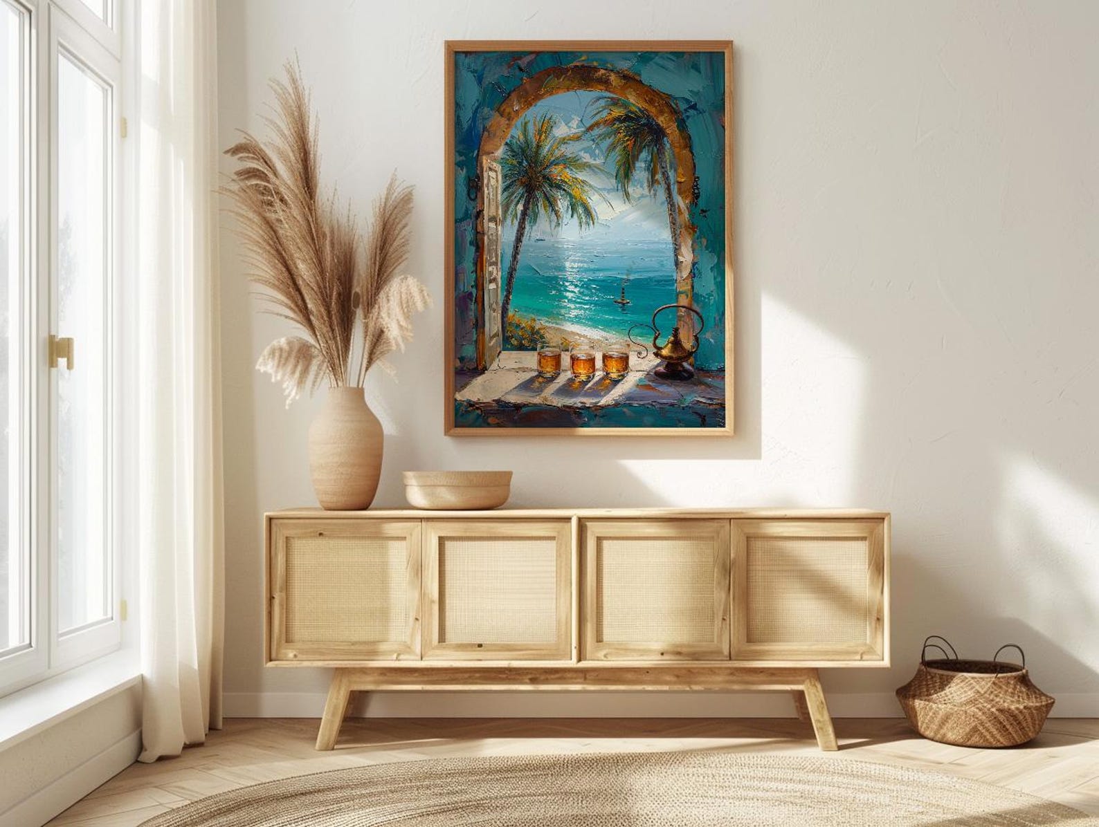 Desert Oasis Art Print, Palm Tree Poster, Relaxing Window Wall Art, Hookah Tea Painting, Middle Eastern Decor — view 4