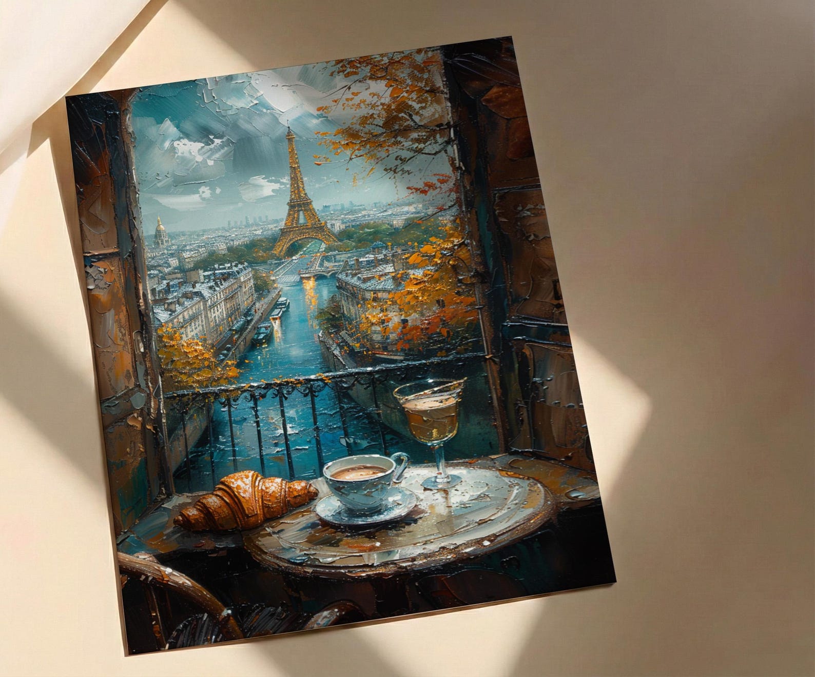 Paris Window Art Print, Eiffel Tower Decor - Croissant Cafe Landscape — view 3