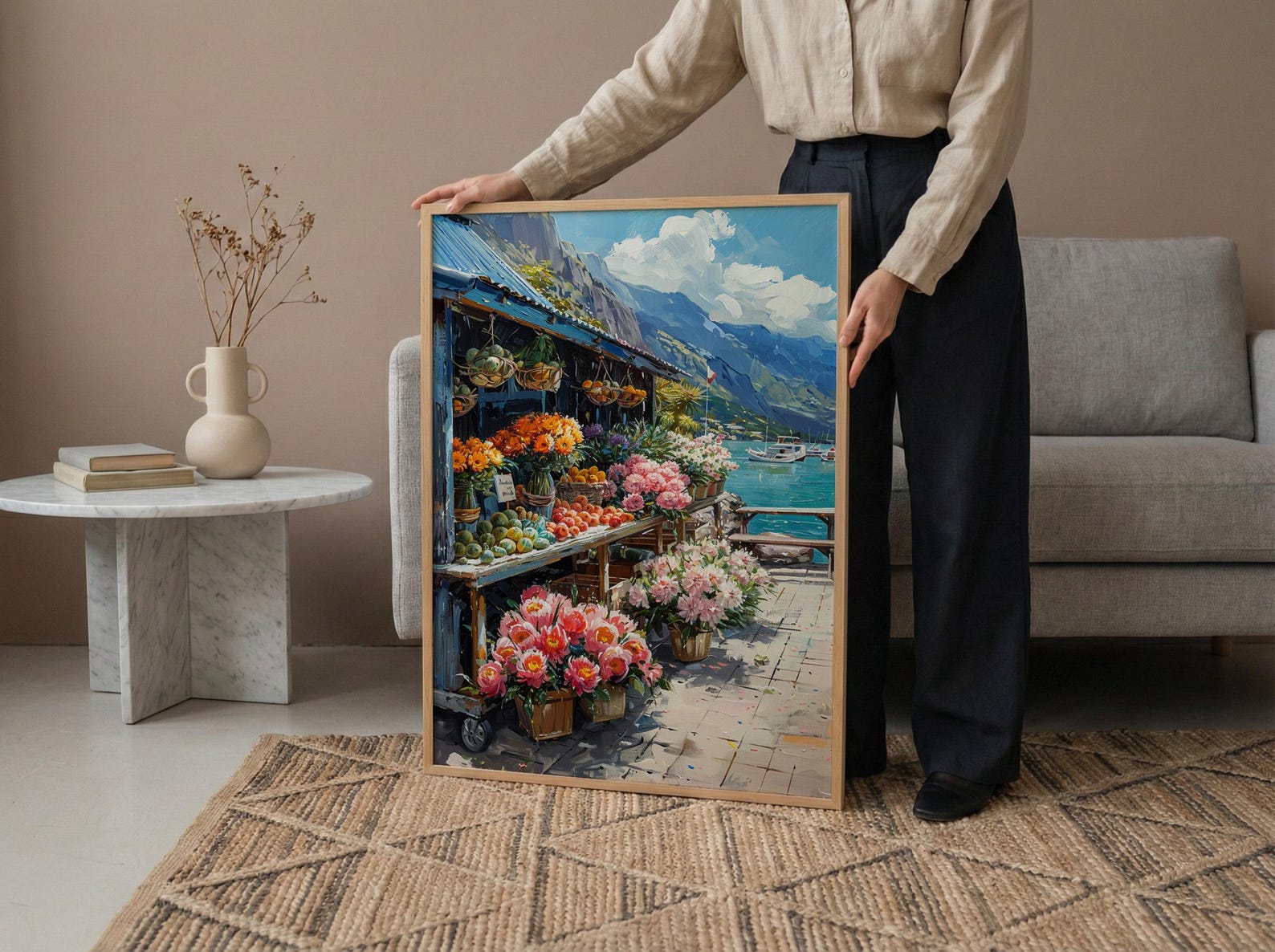 Noumea Port Market Art Print, French Bakery Home Decor - Tropical Floral Town Summer Scene — view 5