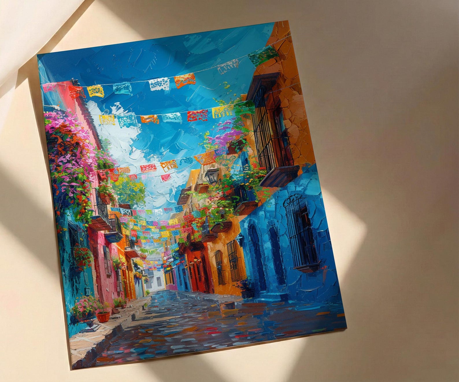 Papel Picado Street Art Print, Festive Mexico Decor - Colorful Flag Cobblestone Summer Vibe — view 2