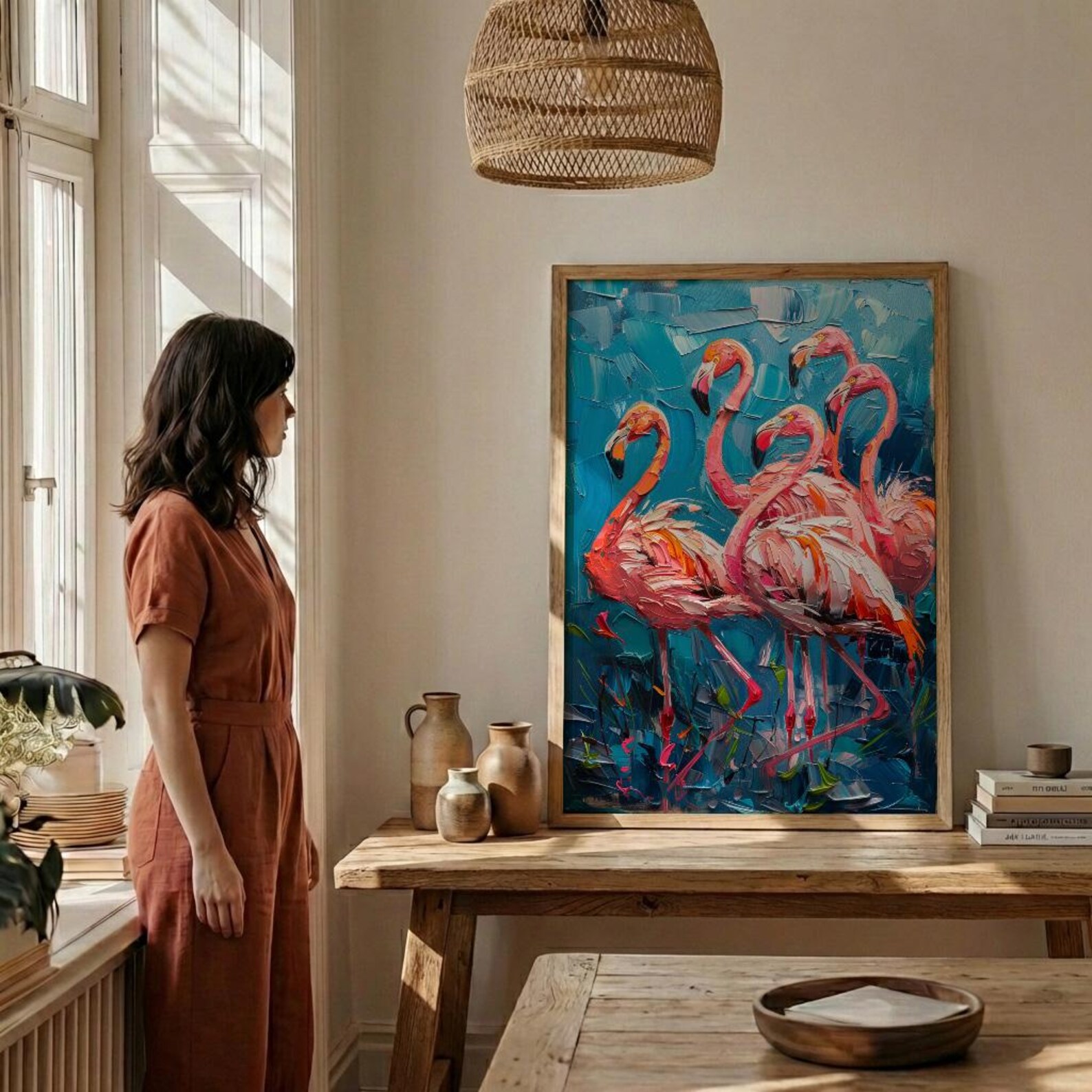 Pink Flamingo Blue Lake Wall Art, Tropical Bird Nature Poster - Textured Impasto Oil Painting — view 6