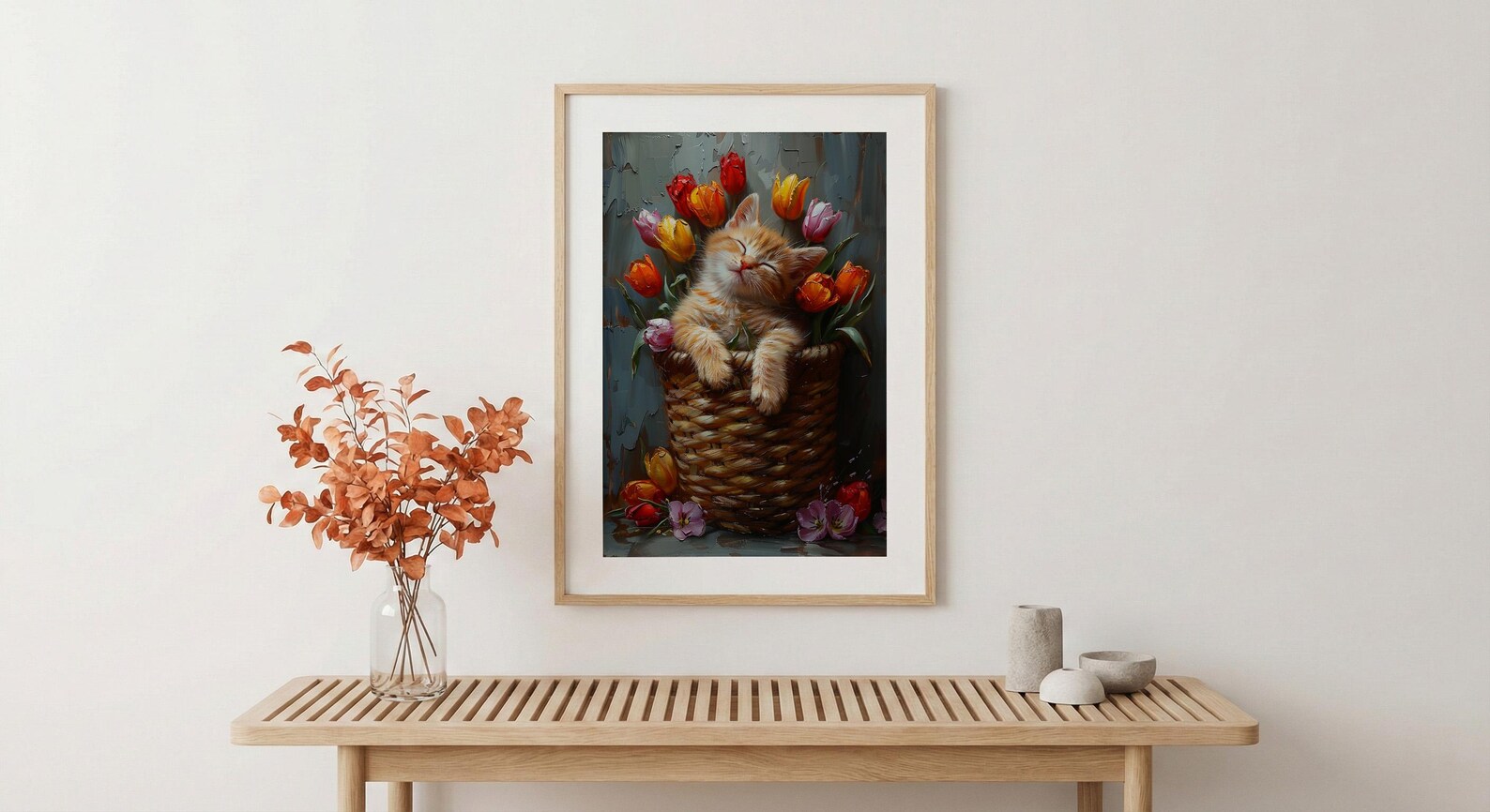 Sleeping Kitten Nursery Wall Art, Spring Tulip Print - Playroom Decor — view 5