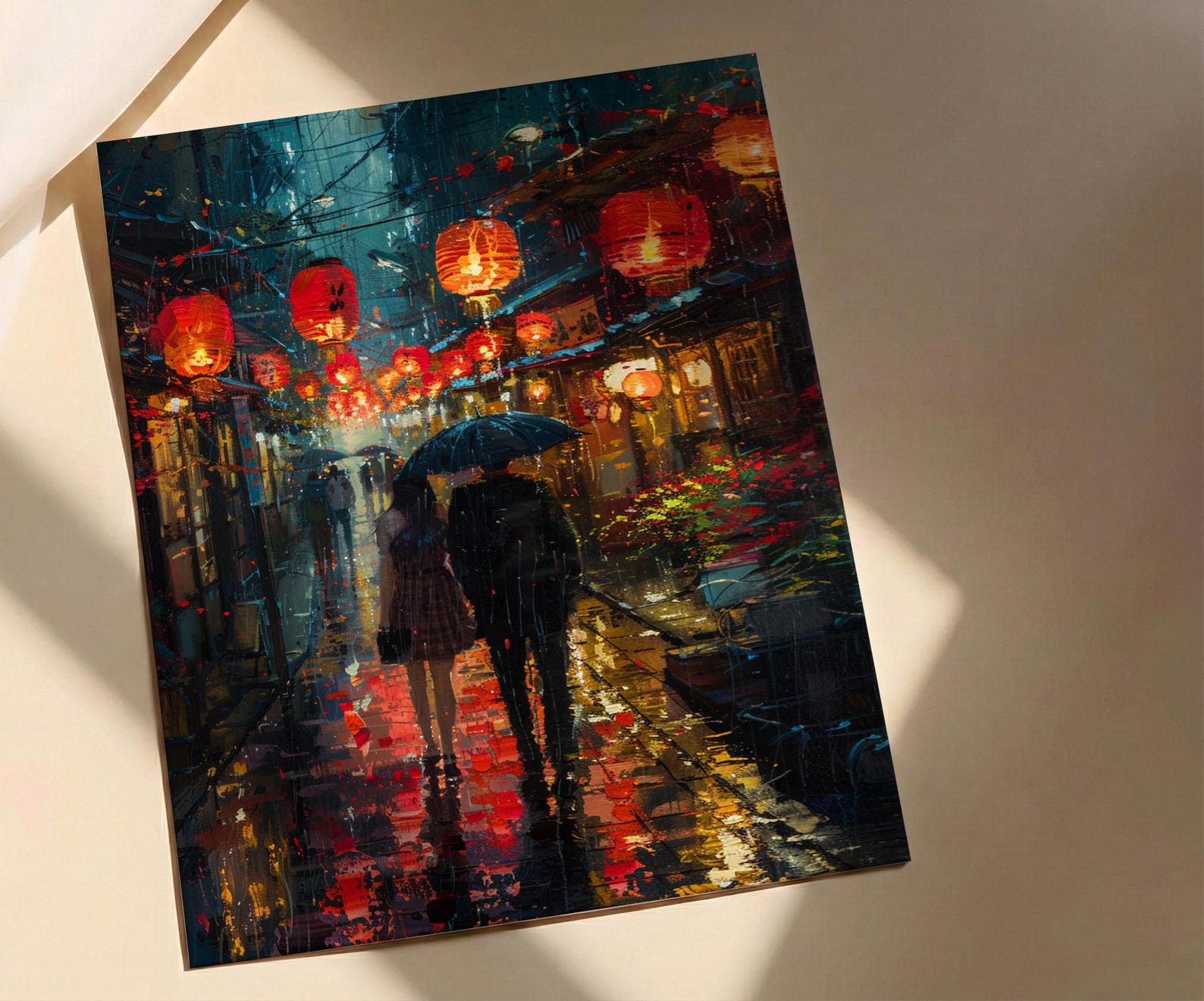 Kyoto Street Art, Japan Night Print, Rainy Cityscape, Impasto Oil Painting, Red Lanterns, Moody Decor, Anniversary Gift — view 5