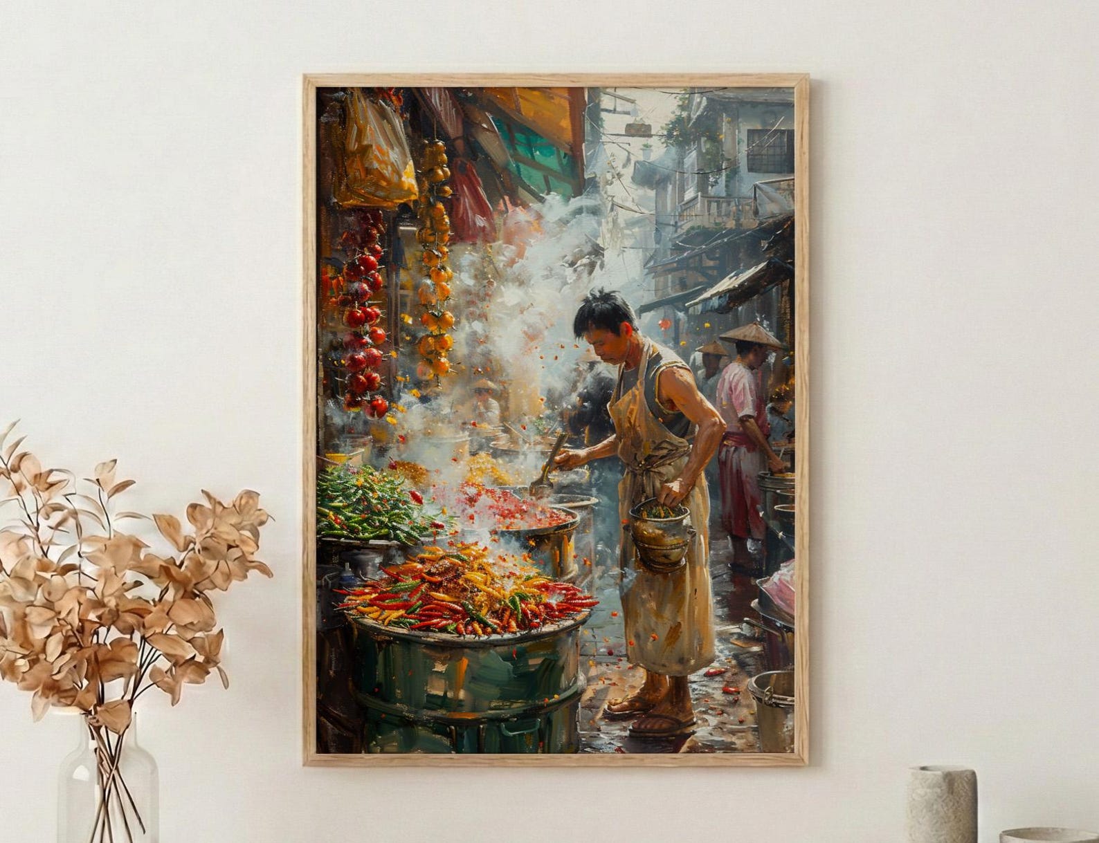 Santa Fe Chili Wall Art, New Mexico Market Decor - Vibrant Street Summer Food Scene