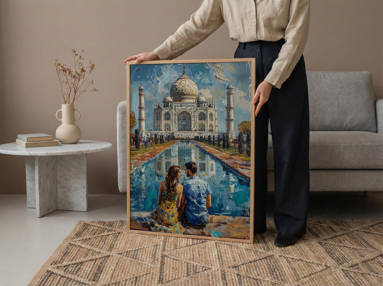 India Wall Art, Taj Mahal Art Print, Romantic Couple Poster, Agra Architecture Painting, Asian Travel Decor — view 6