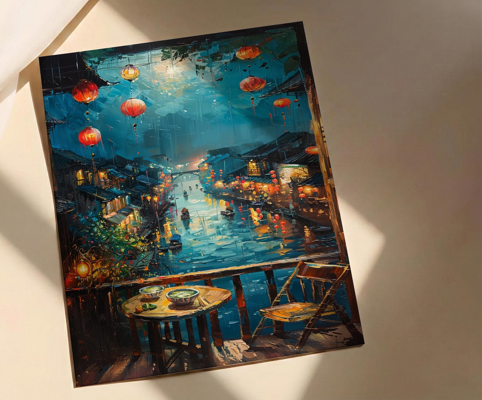 Vietnam Poster, Hoi An Lantern Art Print, Rainy Street Wall Art, Open Window Painting, Pho Noodle Decor — view 2