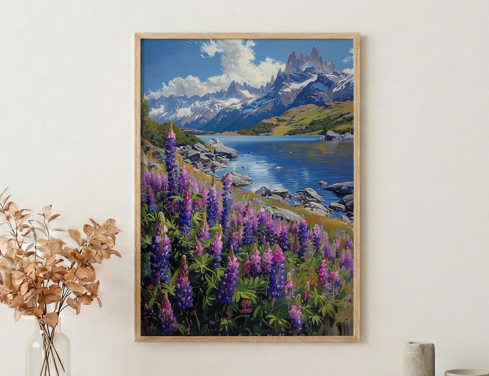 Patagonia Poster, Purple Lupine Decor - Mountain Lake Landscape