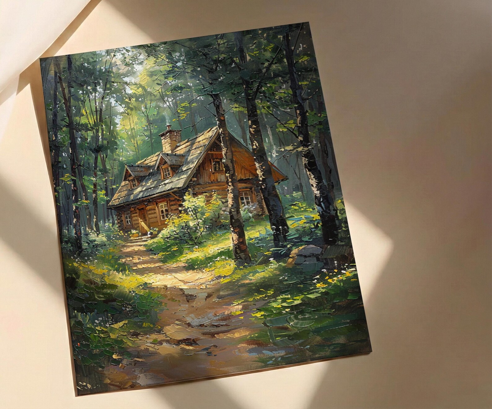 Wooden A Frame Cabin Poster, Lush Green Forest Decor - Warm Summer Sunlight View — view 2