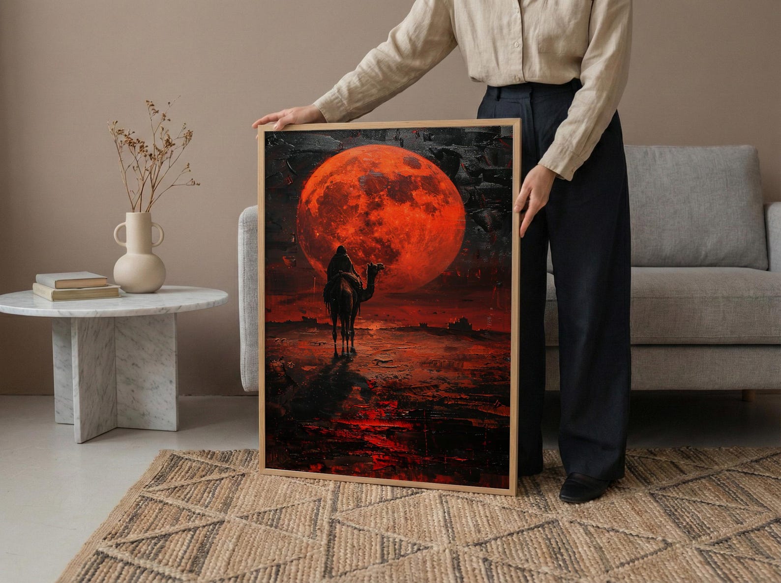 Rajasthan Art, Thar Desert Print, Camel Silhouette, Impasto Oil Painting, Red Moon, Folk Decor, Wedding Gift — view 6