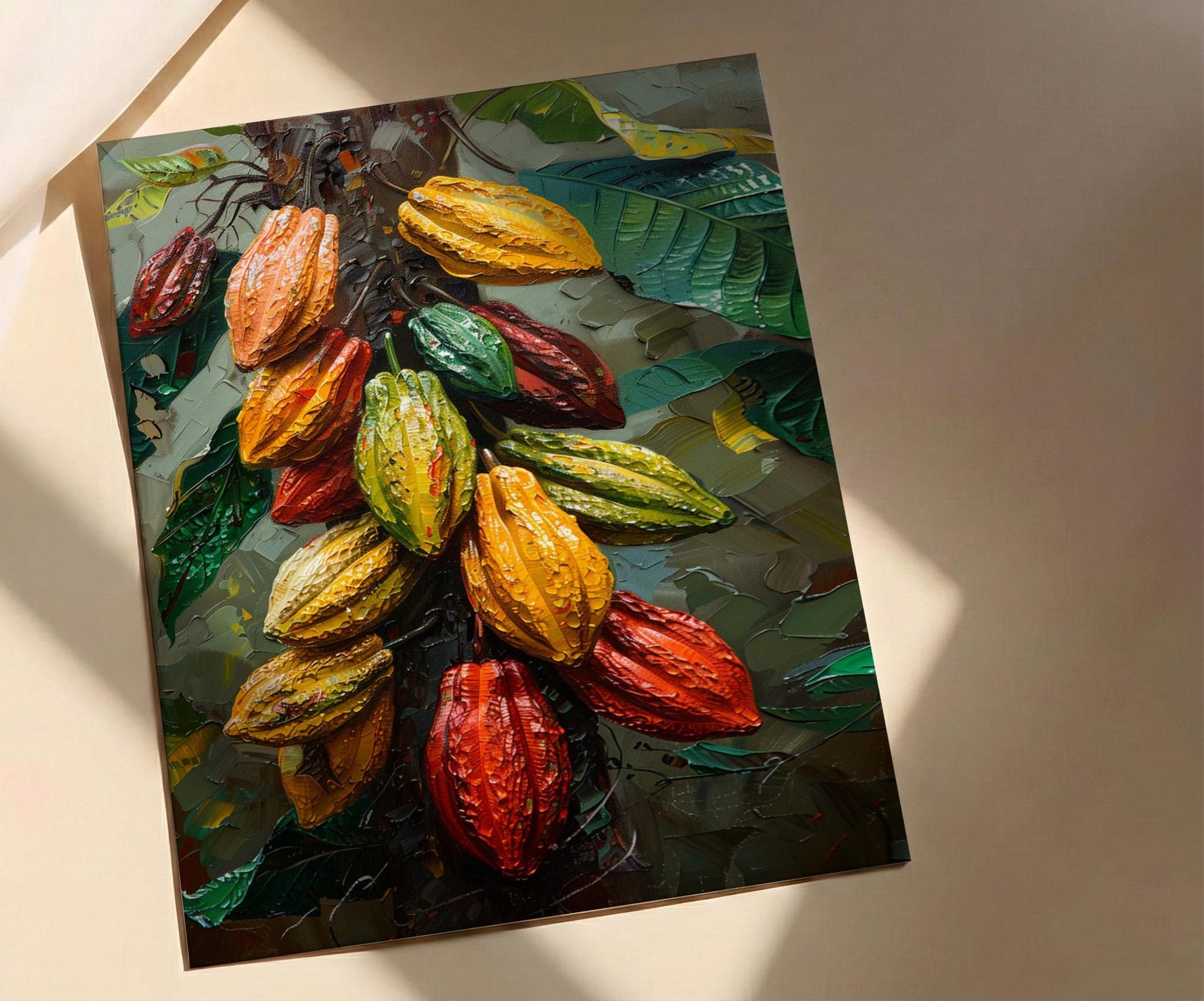 Cacao Pod Tree Wall Art, Exotic Nature Decor - Red Yellow Fruit Summer Jungle — view 3