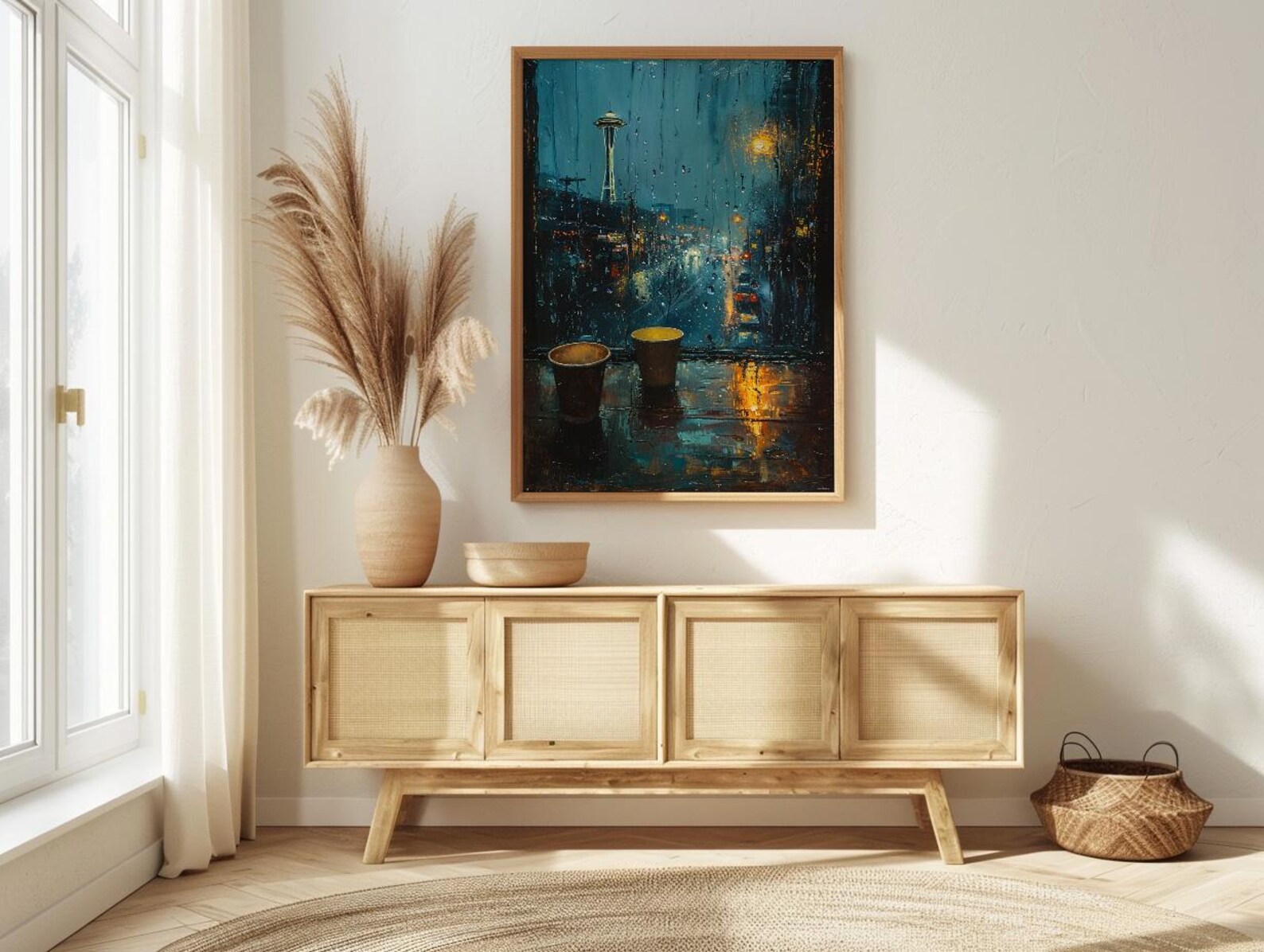 Seattle Wall Art, Rainy Window View, Space Needle Print, Coffee Lover Decor, Moody City Painting — view 4