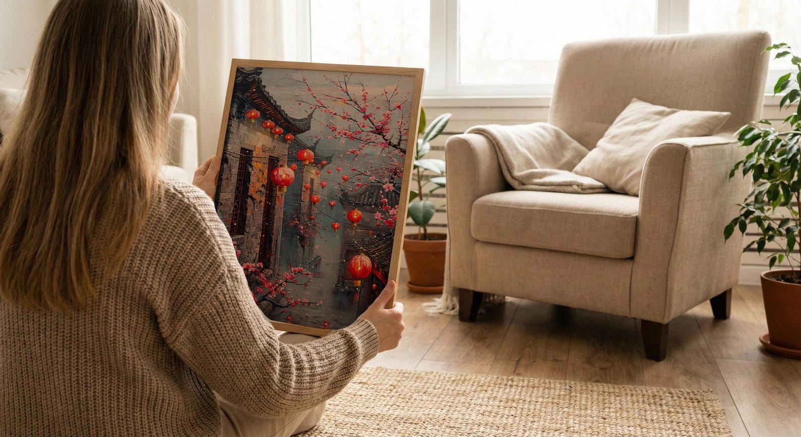 China Wall Art, Red Lantern Print, Plum Blossom Decor, Impasto Oil Painting, Grey Brick Wall, Traditional Asian — view 6