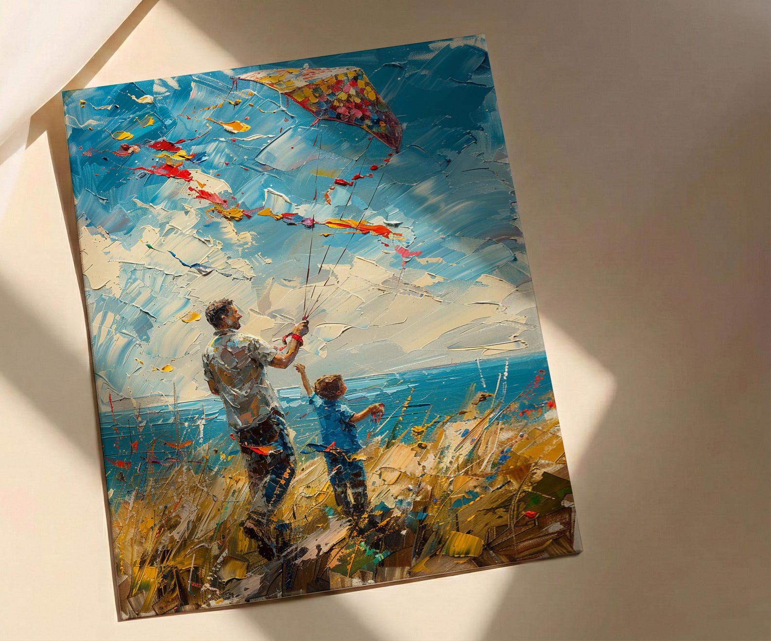 Flying A Kite Poster, Father And Son Decor - Windy Day Landscape Art — view 3