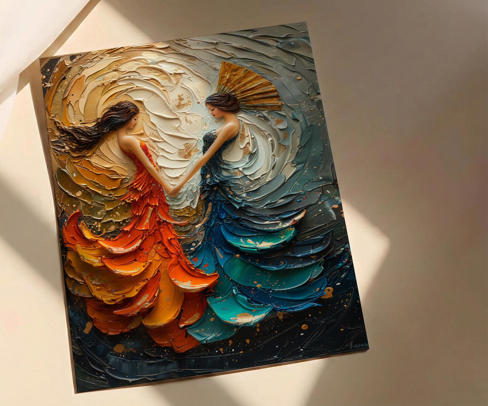 Fan Dance Art, Asian Culture Print, Abstract Motion, Impasto Oil Painting, Gold and Red, Dance Decor, Anniversary Gift — view 4