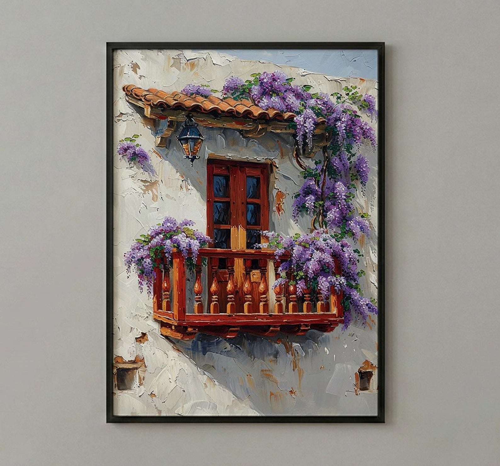 Cartagena Colombia Art, Red Balcony Print, Wisteria Flower, Impasto Oil Painting, White Wall Decor, Latin Poster — view 3