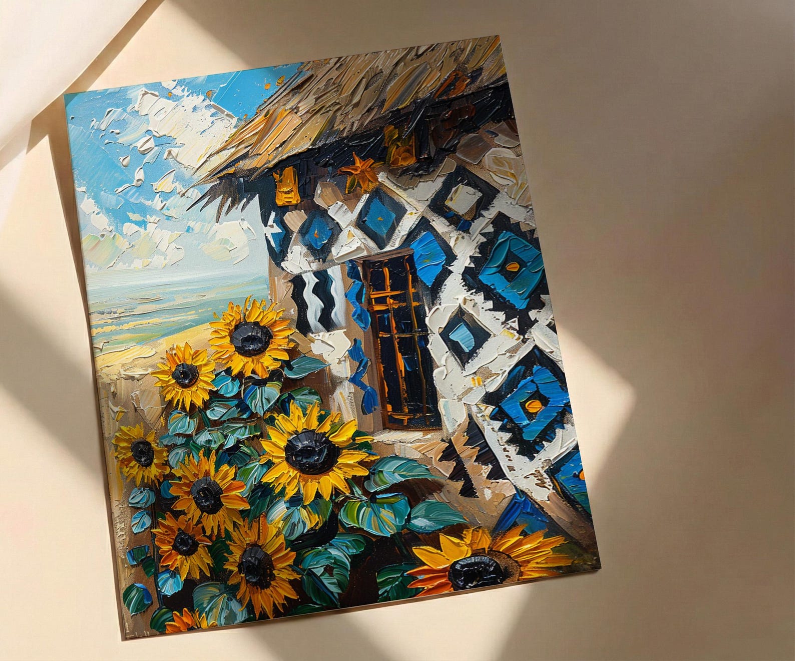 African Tribal Art, Ndebele Geometric Print, Colorful South Africa Wall Decor, Impasto Sunflower Painting, Modern Heritage — view 2